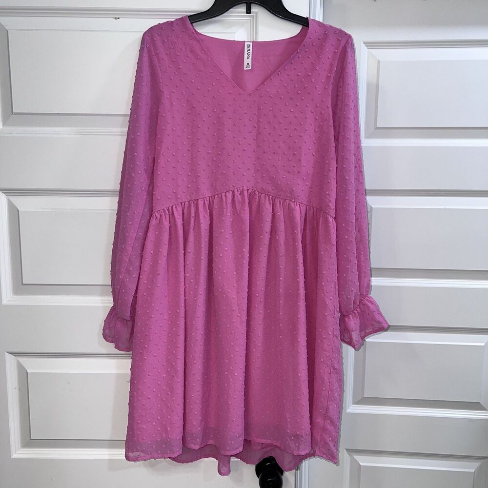 ZENANA Pink Swiss Dot Dress Long Sleeve Medium EUC